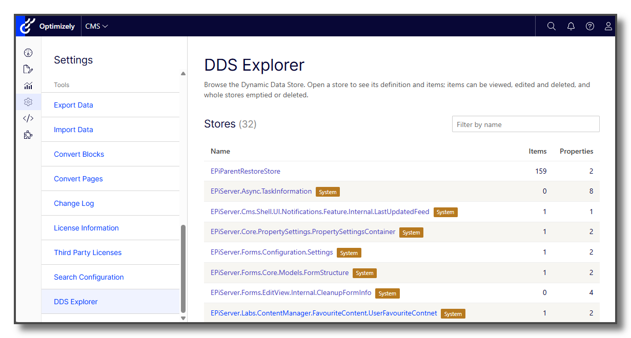 DDS Explorer, list of stores