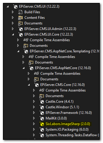 The NuGet package EPiServer.CMS.Core versions up to 12.16.0 included a reference to SixLabors.ImageSharp.