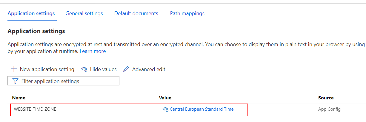 Azure AppSettings with timezone settings