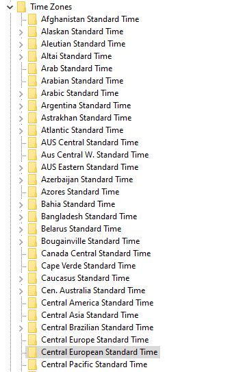 A list of time zones from the Windows registry