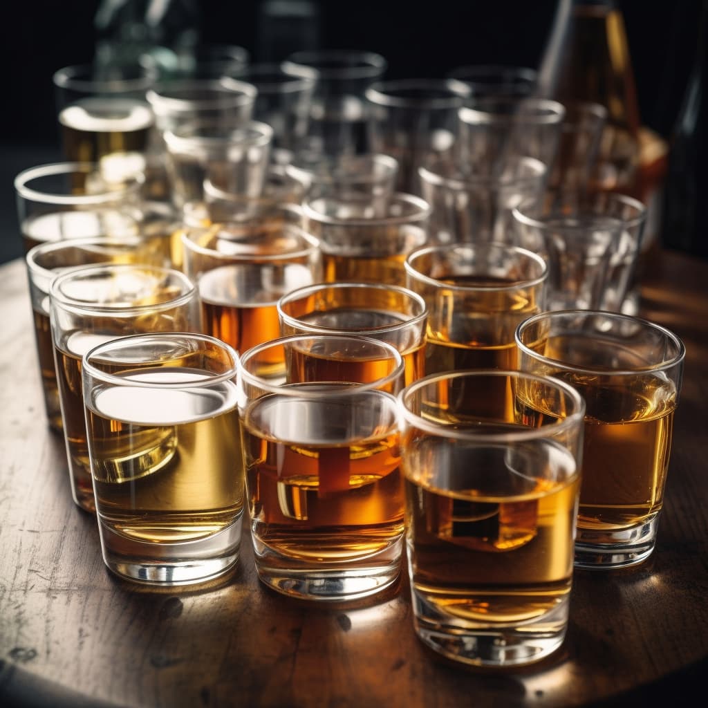 A group of glasses with liquid in them