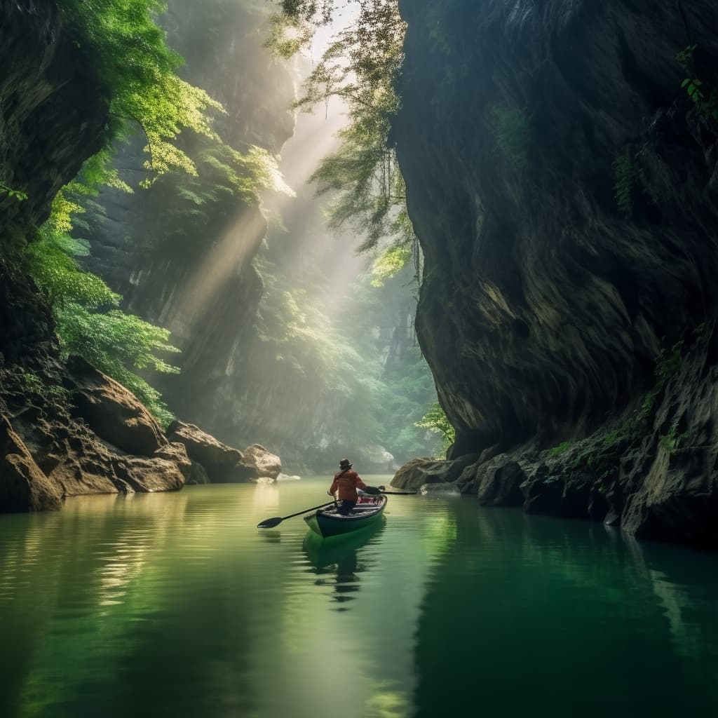 A person in a canoe in a river between large rocks