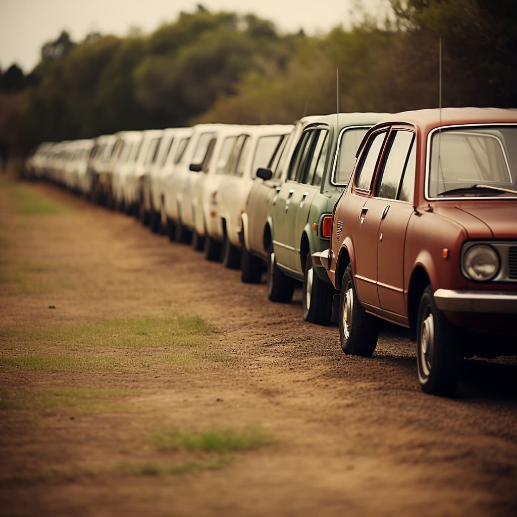 A row of cars parked on a dirt road
