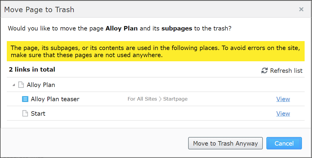 A warning message with a list of incoming links, shown when a page is about to be moved to the trash
