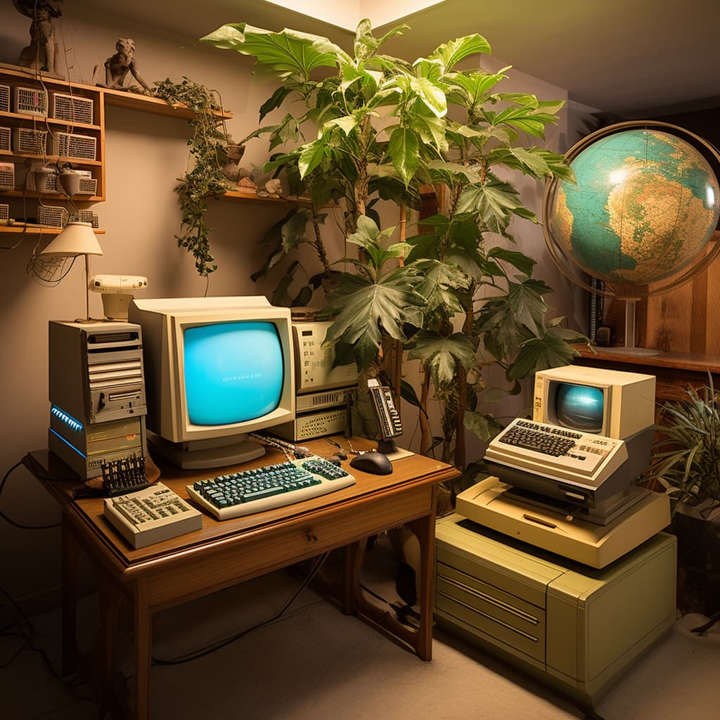 A desk with computers and plants