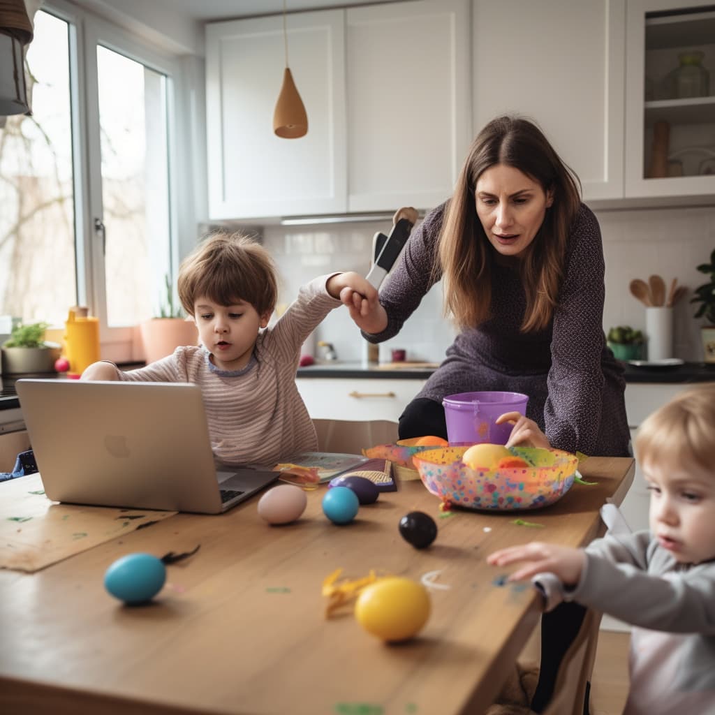 Libe Rieber-Mohn og to barn sitter ved et bord med laptop.