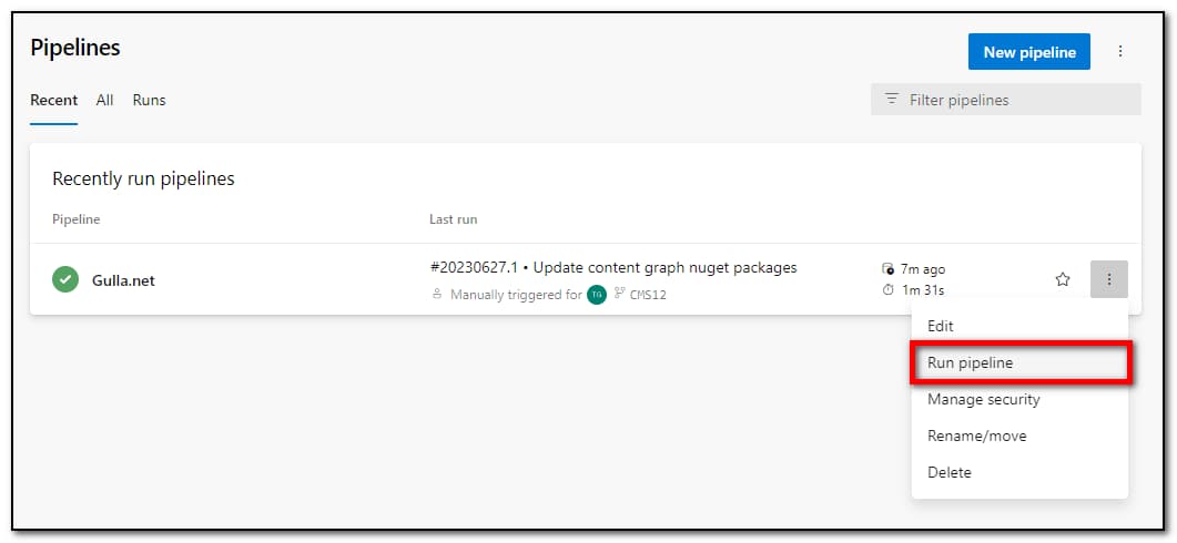 Manually clicking «Run pipeline» in Azure DevOps Pipelines