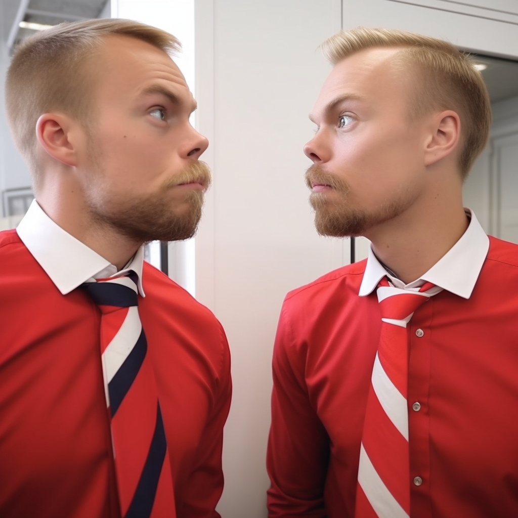 A man wearing a red shirt and a white collared shirt