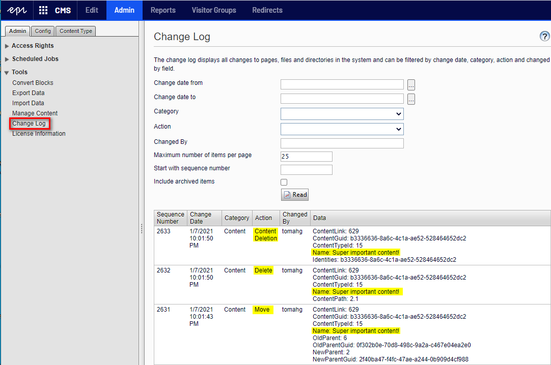 A screenshot of the tool «Change log» in Episerver admin mode.