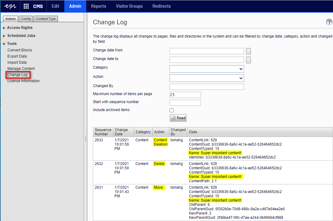 Et skjermbildet av verktøyet «Change log» i Episerver admin mode.