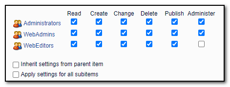 Rettigheter for innhold, der det ikke er krysset av for «Inherit settings from parent item».