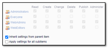 Rettigheter for innhold, der det er krysset av for «Inherit settings from parent item».