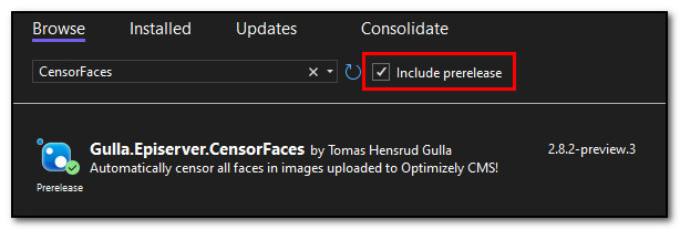 Visual Studio, with «include prerelease» checked