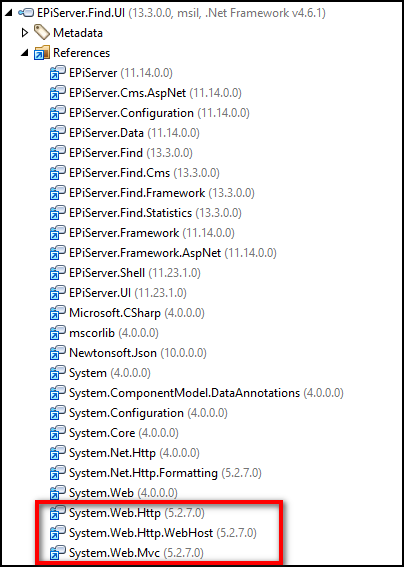 Screenshot from DotPeek showing version 5.2.7 of System.Web.Http, System.Web.Http.WebHost and System.Web.Mvc