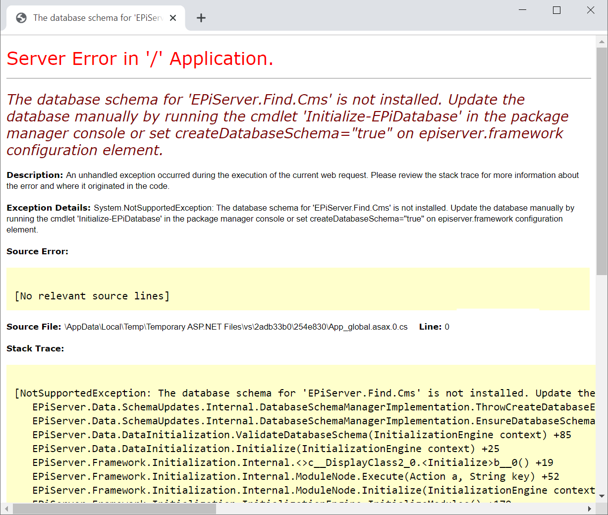 Server Error: The database schema for 'EPiServer.Find.Cms' is not installed.