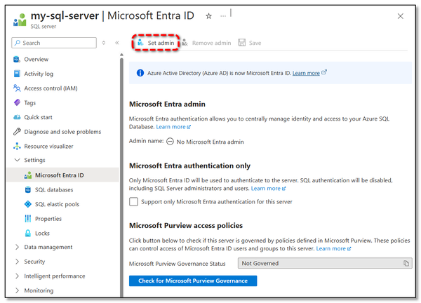 Screenshot: Set Microsoft Entra ID Admin