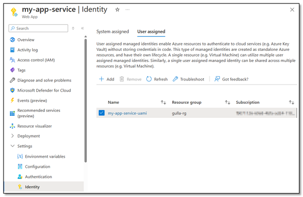 Screenshot: Link Managed Identity to the App Service