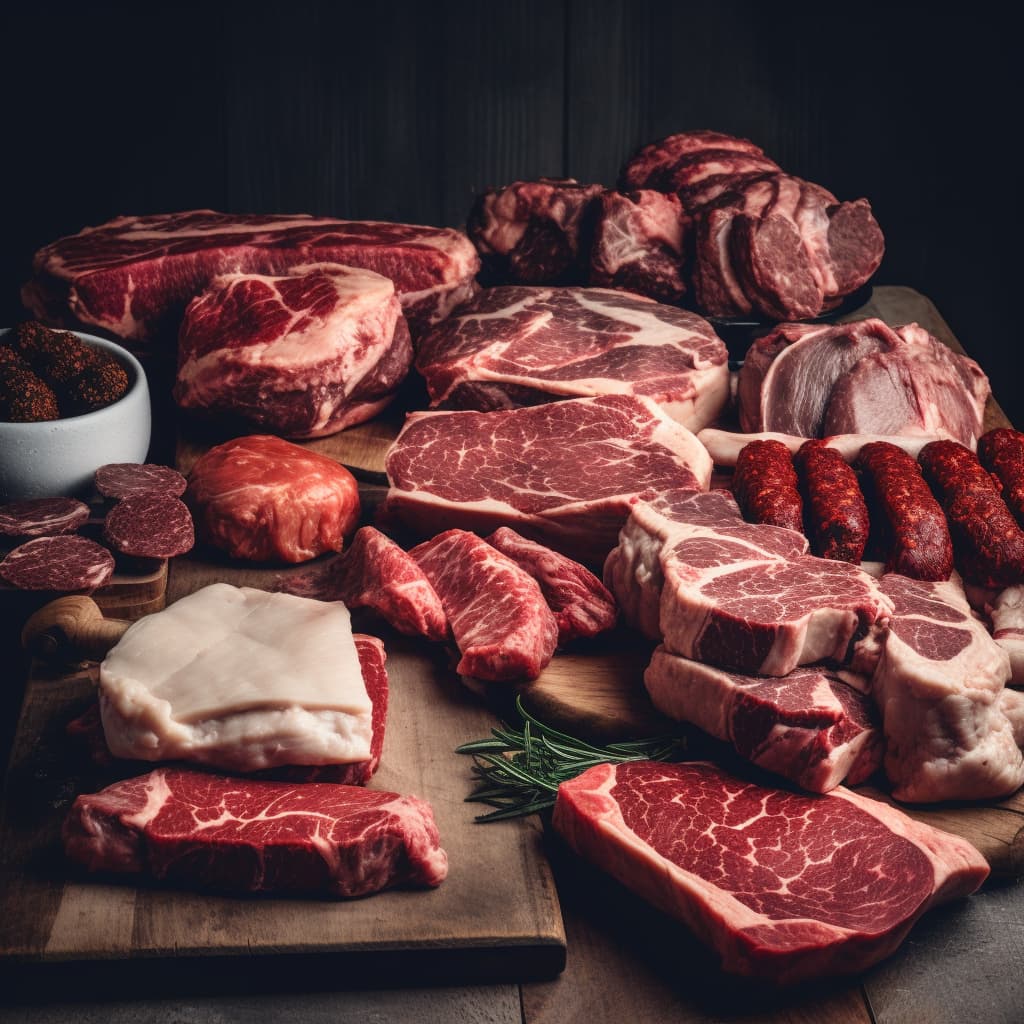 A group of meats on a wooden board