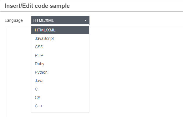 Verktøyet Code Sample, viser en nedtrekksliste med ulike programmeringsspråk.