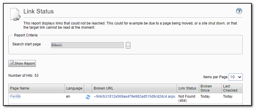 A screenshot from the Link Status report with one broken link
