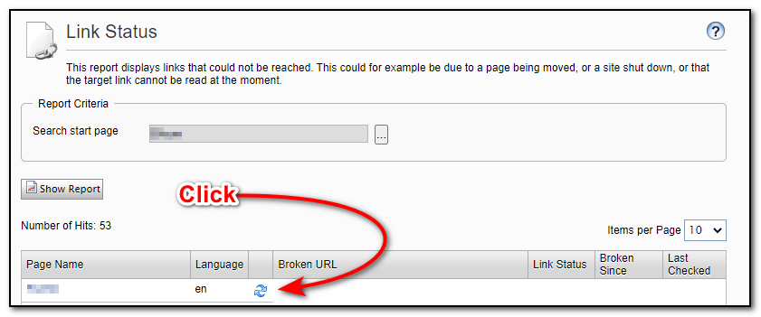 A screenshot showing how to re-check a single page in the link status report