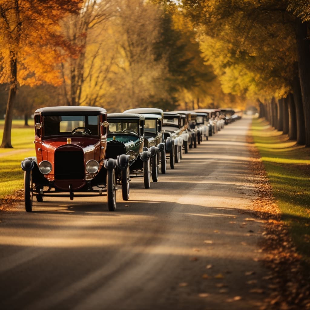 A row of cars parked on a road with trees on either side