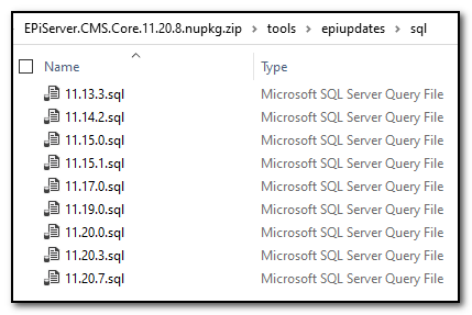 Screenshot of a list of .sql files inside the nuget package.