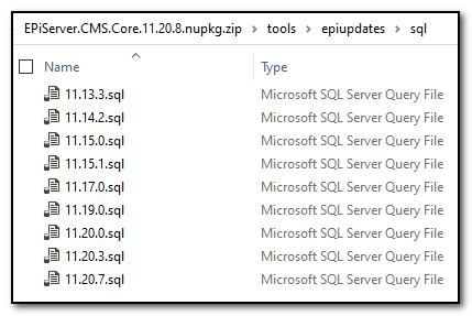 Skjermbilde av en liste over .sql filer fra nuget pakken.