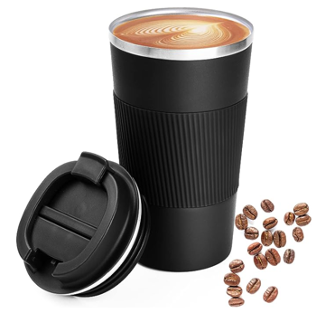 A coffee cup with a lid and a coffee cup with coffee beans