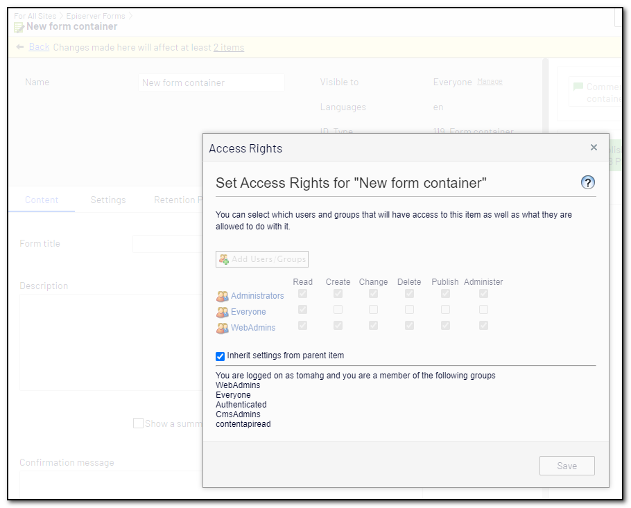 The dialog used to set access rights for a specific content item.