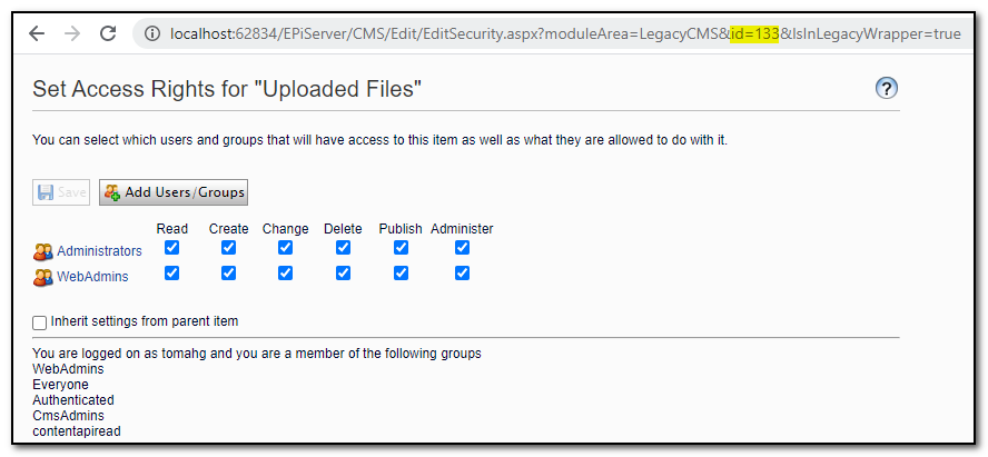 Dialog for setting access wights, with the id parameter in the URL highlighted.