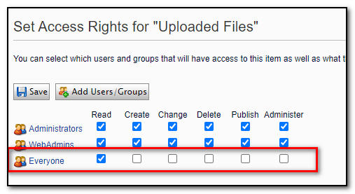 Dialog for setting access rights, with «Everyone» added.