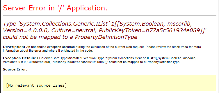 Server Error: could not be mapped to a PropertyDefinitionType