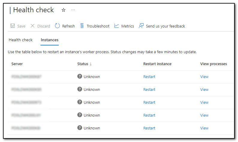 Azure portal, Monitoring, Health check, Instances