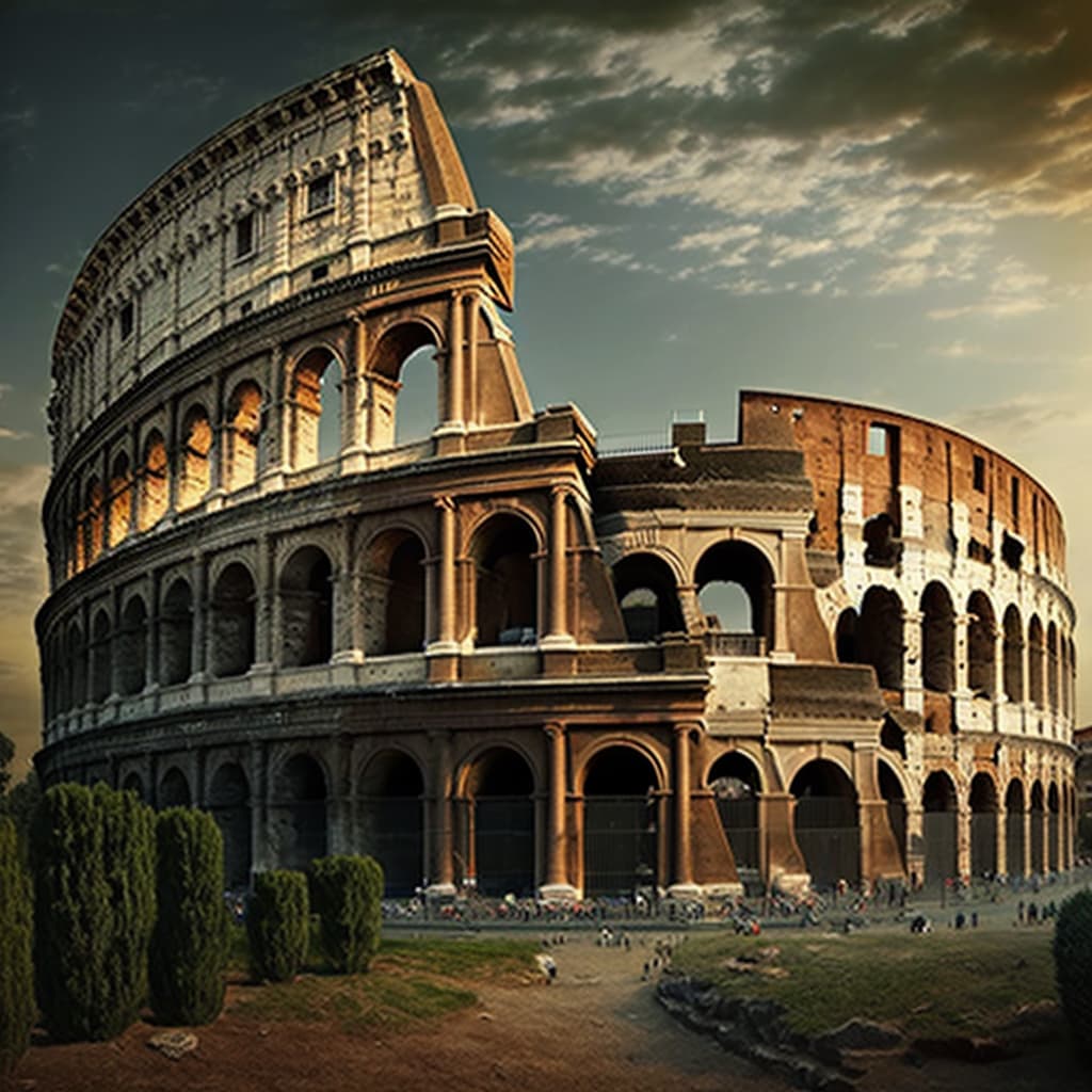 A large building with many arches with Colosseum in the background