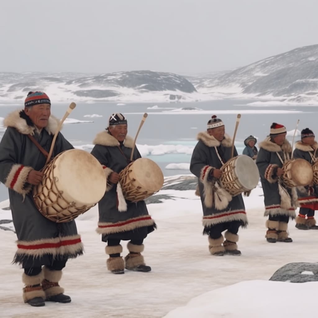 En gruppe mennesker i klær som holder instrumenter i snøen