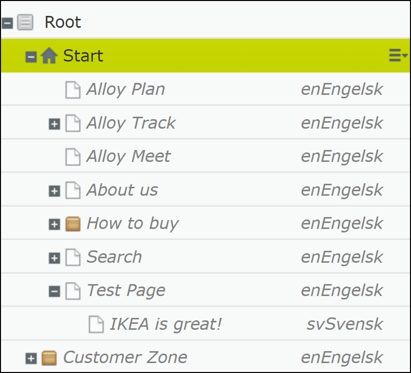 The page tree with language codes language names