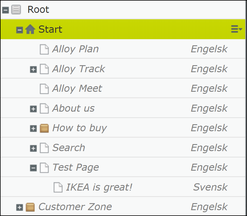 The page tree with language names