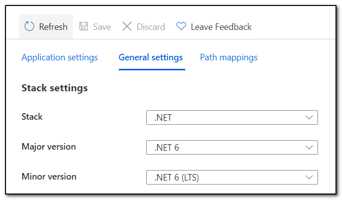 Azure portal configuration for .NET major version