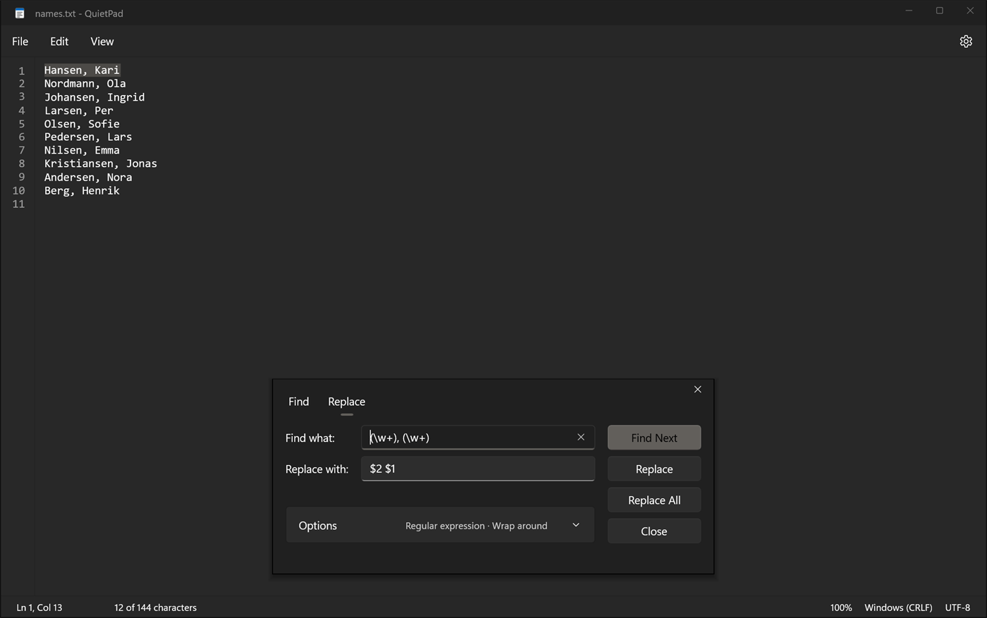 QuietPad in dark mode with line numbers and the Find and Replace dialog open, searching with the regular expression (\w+), (\w+) and replacing with $2 $1.
