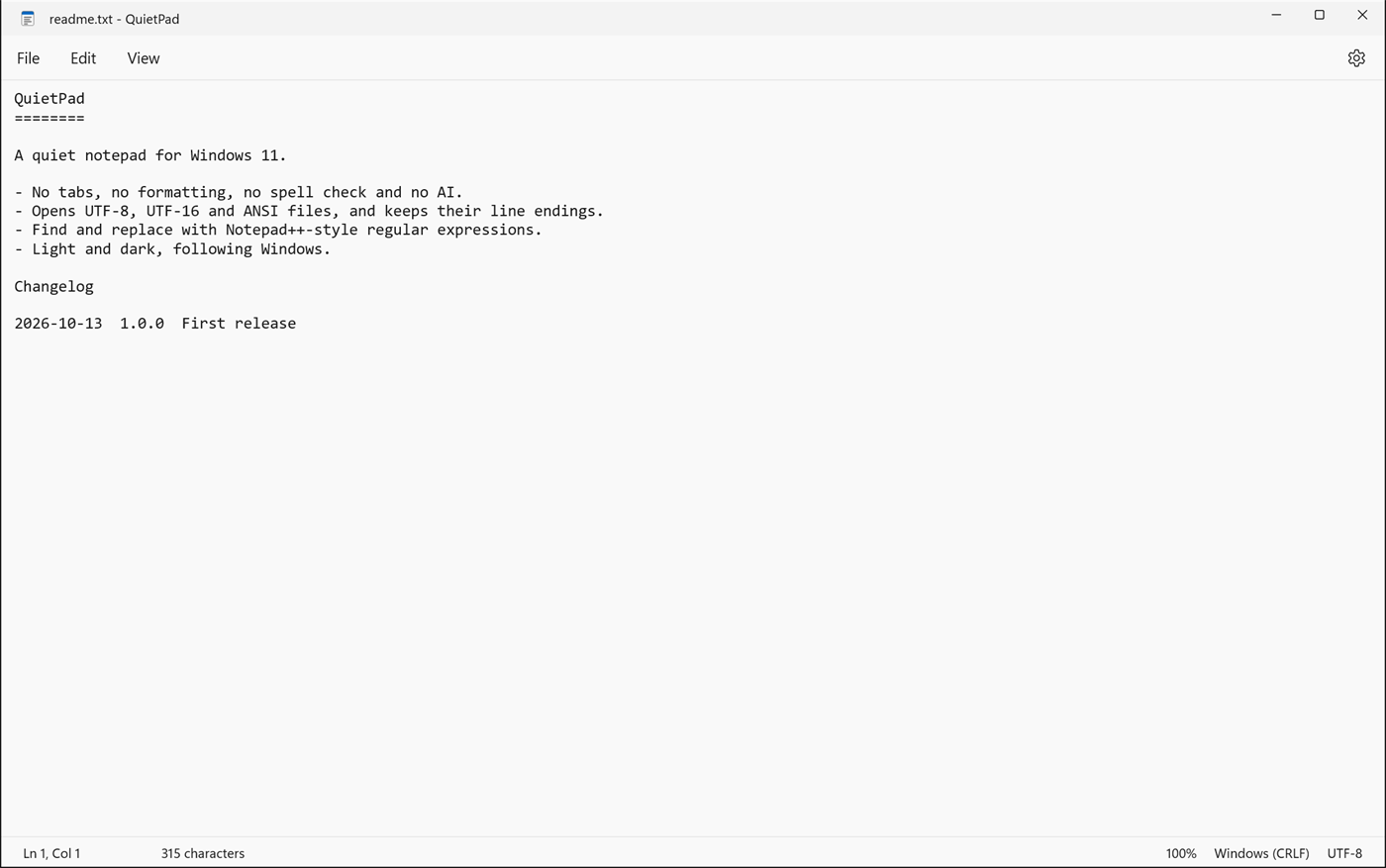 QuietPad in light mode, showing a plain text file and a status bar with line, column, encoding and line ending.